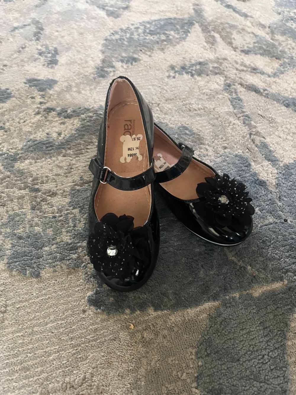 Girls Patent Black Mary Jane Dress Shoes with Floral Jewel Accent